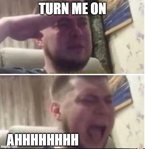 sorry kids don't hate me | TURN ME ON; AHHHHHHHH | image tagged in crying salute | made w/ Imgflip meme maker