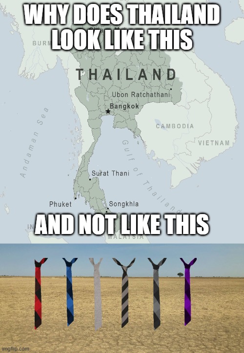 Thailand | WHY DOES THAILAND LOOK LIKE THIS; AND NOT LIKE THIS | image tagged in bad pun | made w/ Imgflip meme maker