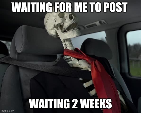 yes | WAITING FOR ME TO POST; WAITING 2 WEEKS | image tagged in waiting sceleton in car | made w/ Imgflip meme maker