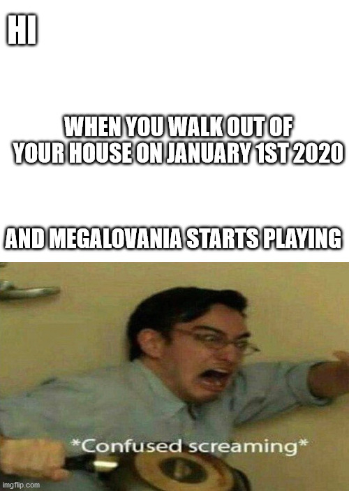 HI; WHEN YOU WALK OUT OF YOUR HOUSE ON JANUARY 1ST 2020; AND MEGALOVANIA STARTS PLAYING | image tagged in blank white template | made w/ Imgflip meme maker