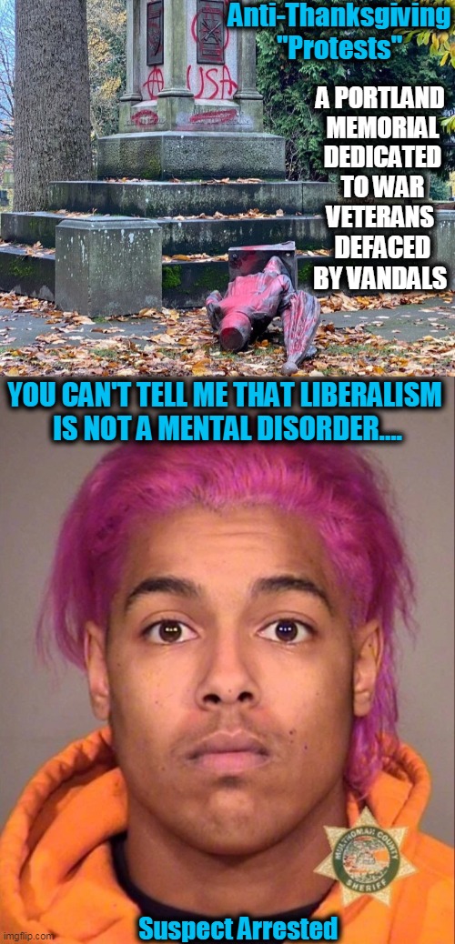 So Much For Giving Thanks!  Where Is The Gratitude? | Anti-Thanksgiving "Protests"; A PORTLAND 

MEMORIAL DEDICATED TO WAR VETERANS; DEFACED BY VANDALS; YOU CAN'T TELL ME THAT LIBERALISM 
IS NOT A MENTAL DISORDER.... Suspect Arrested | image tagged in political meme,liberalism,democrats,blm,antifa,anti-american | made w/ Imgflip meme maker