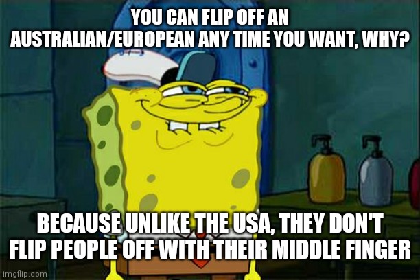 The more you know | YOU CAN FLIP OFF AN AUSTRALIAN/EUROPEAN ANY TIME YOU WANT, WHY? BECAUSE UNLIKE THE USA, THEY DON'T FLIP PEOPLE OFF WITH THEIR MIDDLE FINGER | image tagged in memes,don't you squidward | made w/ Imgflip meme maker