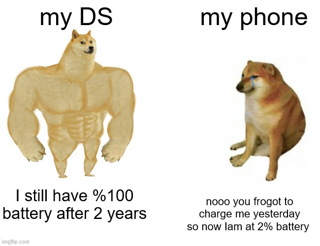 Buff Doge vs. Cheems | my DS; my phone; I still have %100 battery after 2 years; nooo you frogot to charge me yesterday so now Iam at 2% battery | image tagged in memes,buff doge vs cheems | made w/ Imgflip meme maker