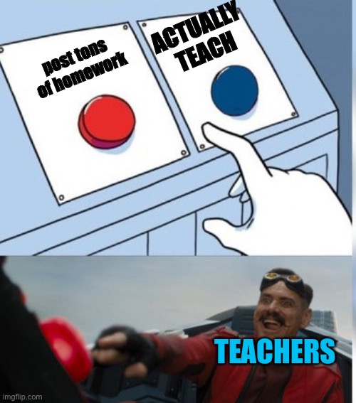 ONLINE SCHOOL SUCKS!!! | ACTUALLY TEACH; post tons of homework; TEACHERS | image tagged in two buttons eggman | made w/ Imgflip meme maker