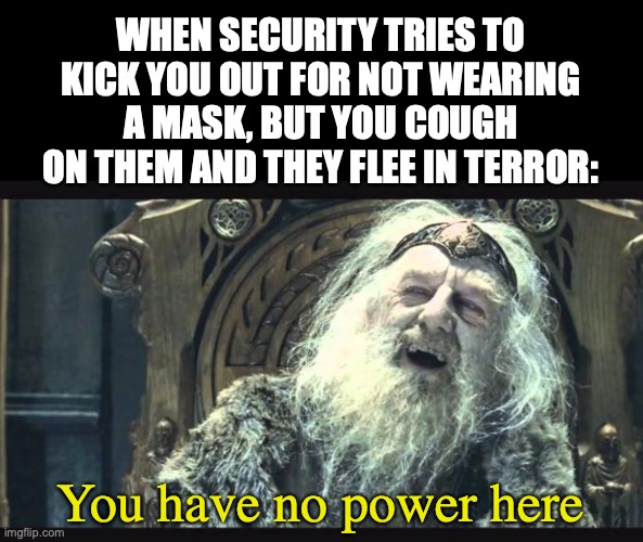 You have no power here | WHEN SECURITY TRIES TO KICK YOU OUT FOR NOT WEARING A MASK, BUT YOU COUGH ON THEM AND THEY FLEE IN TERROR:; You have no power here | image tagged in you have no power here,coughing,wear a mask,covid19,corona,security | made w/ Imgflip meme maker