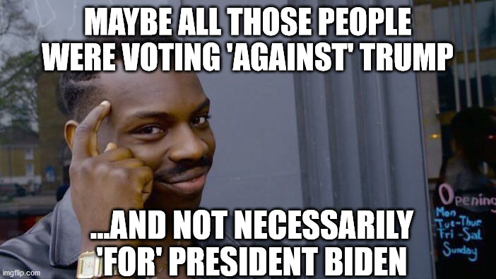 Roll Safe Think About It Meme | MAYBE ALL THOSE PEOPLE WERE VOTING 'AGAINST' TRUMP ...AND NOT NECESSARILY 'FOR' PRESIDENT BIDEN | image tagged in memes,roll safe think about it | made w/ Imgflip meme maker