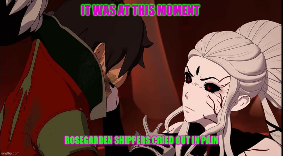 RWBY VOLUME 8 OZ AND SALEM |  IT WAS AT THIS MOMENT; ROSEGARDEN SHIPPERS CRIED OUT IN PAIN | image tagged in rwby volume 8 oz and salem | made w/ Imgflip meme maker