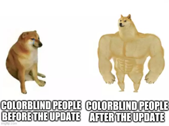 :D | COLORBLIND PEOPLE BEFORE THE UPDATE; COLORBLIND PEOPLE AFTER THE UPDATE | image tagged in meems,memes,funny,buff doge vs cheems | made w/ Imgflip meme maker