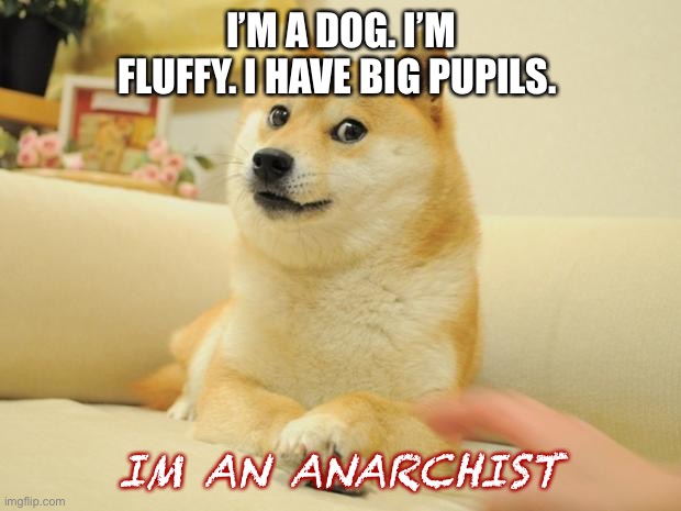 Ominous doge | I’M A DOG. I’M FLUFFY. I HAVE BIG PUPILS. IM AN ANARCHIST | image tagged in memes,doge 2 | made w/ Imgflip meme maker