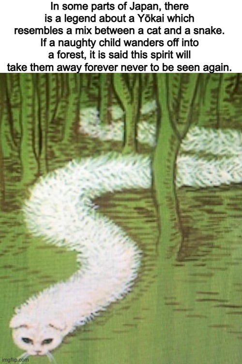 In some parts of Japan, there is a legend about a Yōkai which resembles a mix between a cat and a snake. If a naughty child wanders off into a forest, it is said this spirit will take them away forever never to be seen again. | made w/ Imgflip meme maker