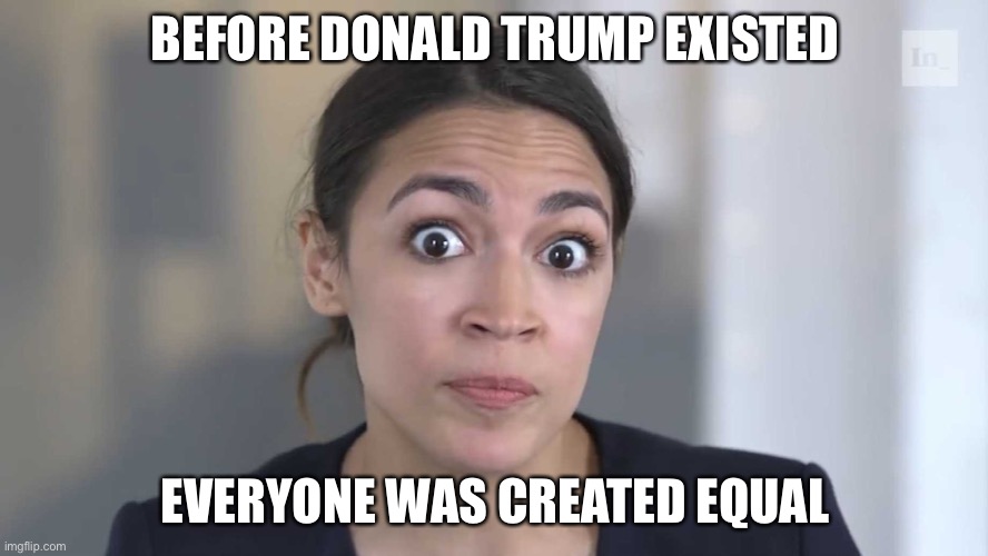 AOC Stumped | BEFORE DONALD TRUMP EXISTED EVERYONE WAS CREATED EQUAL | image tagged in aoc stumped | made w/ Imgflip meme maker