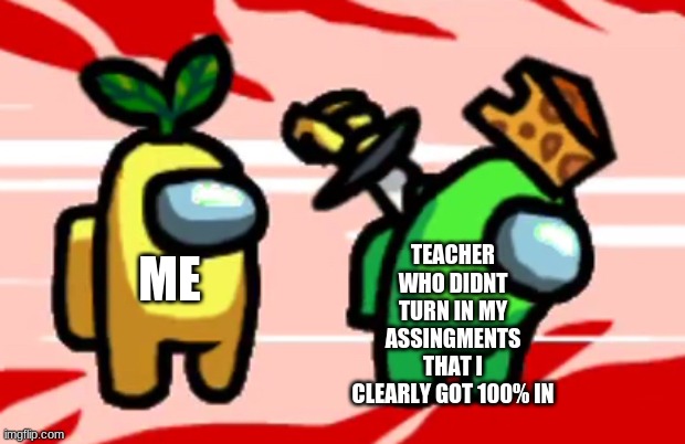 Among Us Stab | TEACHER WHO DIDNT TURN IN MY ASSINGMENTS THAT I CLEARLY GOT 100% IN; ME | image tagged in among us stab | made w/ Imgflip meme maker