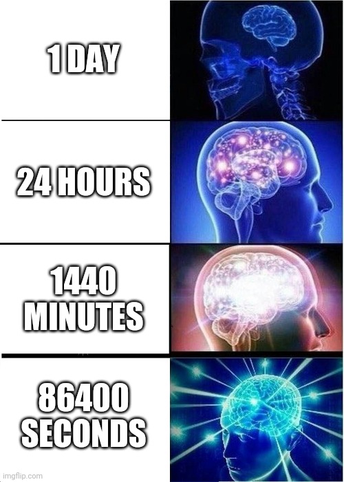 Expanding Brain | 1 DAY; 24 HOURS; 1440 MINUTES; 86400 SECONDS | image tagged in memes,expanding brain | made w/ Imgflip meme maker