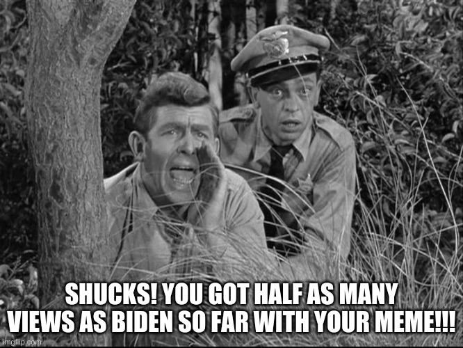 Andy griffith yelling | SHUCKS! YOU GOT HALF AS MANY VIEWS AS BIDEN SO FAR WITH YOUR MEME!!! | image tagged in andy griffith yelling | made w/ Imgflip meme maker