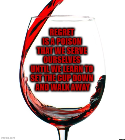 Regret is a Poison | REGRET 
IS A POISON 
THAT WE SERVE 
OURSELVES 
UNTIL WE LEARN TO 
SET THE CUP DOWN 
AND WALK AWAY | image tagged in red wine,regret,poison,words of wisdom | made w/ Imgflip meme maker