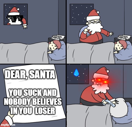 Letter to Murderous Santa | DEAR, SANTA; YOU SUCK AND NOBODY BELIEVES IN YOU  LOSER | image tagged in letter to murderous santa,you suck | made w/ Imgflip meme maker