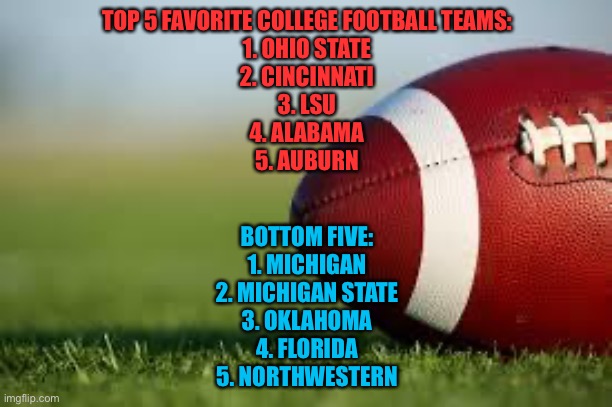 Apparently this is going on rn so I’ll jump in :) | TOP 5 FAVORITE COLLEGE FOOTBALL TEAMS:
1. OHIO STATE
2. CINCINNATI
3. LSU
4. ALABAMA
5. AUBURN; BOTTOM FIVE:
1. MICHIGAN
2. MICHIGAN STATE
3. OKLAHOMA
4. FLORIDA
5. NORTHWESTERN | image tagged in football field,memes,sports,trend | made w/ Imgflip meme maker