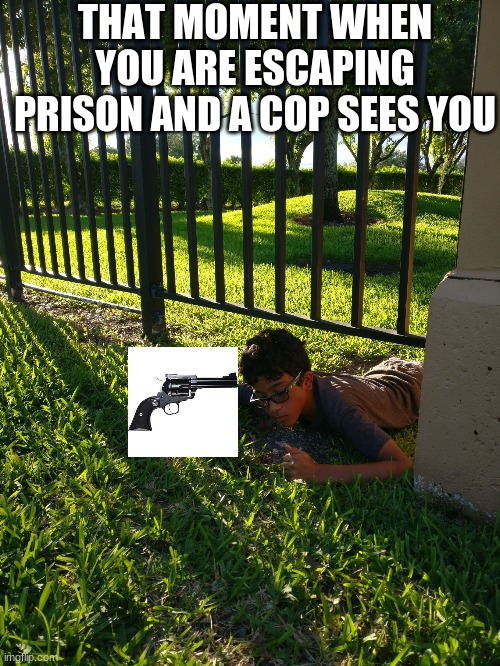 oof | THAT MOMENT WHEN YOU ARE ESCAPING PRISON AND A COP SEES YOU | image tagged in jailbreak in real life | made w/ Imgflip meme maker