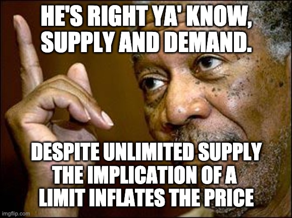 This Morgan Freeman | HE'S RIGHT YA' KNOW,
SUPPLY AND DEMAND. DESPITE UNLIMITED SUPPLY
THE IMPLICATION OF A 
LIMIT INFLATES THE PRICE | image tagged in this morgan freeman | made w/ Imgflip meme maker