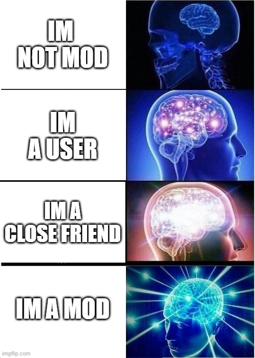 can i be mod pls | IM  NOT MOD; IM A USER; IM A CLOSE FRIEND; IM A MOD | image tagged in memes,expanding brain | made w/ Imgflip meme maker