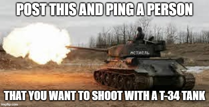 yes | POST THIS AND PING A PERSON; THAT YOU WANT TO SHOOT WITH A T-34 TANK | image tagged in t34,ping | made w/ Imgflip meme maker
