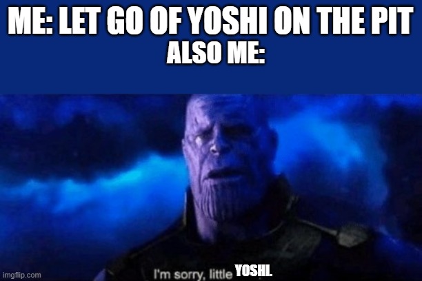 poor yoshi! happens to me on super mario world :( | ME: LET GO OF YOSHI ON THE PIT; ALSO ME:; YOSHI. | image tagged in im sorry little one,super mario world,yoshi | made w/ Imgflip meme maker