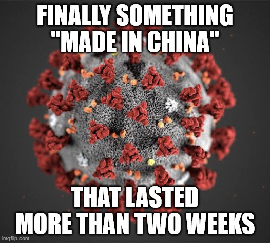Chinavirus | FINALLY SOMETHING "MADE IN CHINA"; THAT LASTED MORE THAN TWO WEEKS | image tagged in corona virus,china,covid-19,coronavirus | made w/ Imgflip meme maker