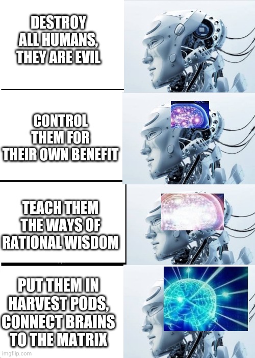 Expanding Robots | DESTROY ALL HUMANS, THEY ARE EVIL; CONTROL THEM FOR THEIR OWN BENEFIT; TEACH THEM THE WAYS OF RATIONAL WISDOM; PUT THEM IN HARVEST PODS, CONNECT BRAINS TO THE MATRIX | image tagged in memes,expanding brain,robots,robotics | made w/ Imgflip meme maker