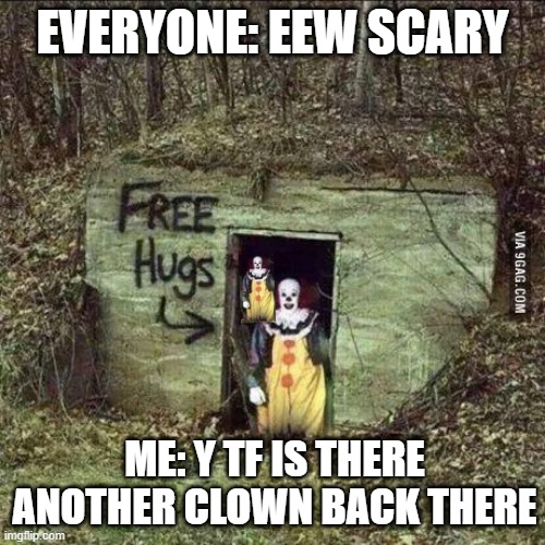 double da trouble |  EVERYONE: EEW SCARY; ME: Y TF IS THERE ANOTHER CLOWN BACK THERE | image tagged in scary clown | made w/ Imgflip meme maker