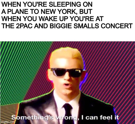 Kaboom again | WHEN YOU'RE SLEEPING ON A PLANE TO NEW YORK, BUT WHEN YOU WAKE UP YOU'RE AT THE 2PAC AND BIGGIE SMALLS CONCERT | image tagged in something s wrong,memes,dark humor | made w/ Imgflip meme maker