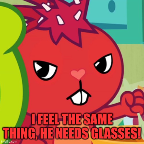 Pissed-off Flaky (HTF) | I FEEL THE SAME THING, HE NEEDS GLASSES! | image tagged in pissed-off flaky htf | made w/ Imgflip meme maker