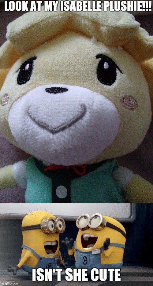 LOOK AT MY ISABELLE PLUSHIE!!! ISN'T SHE CUTE | image tagged in memes,excited minions,animal crossing | made w/ Imgflip meme maker