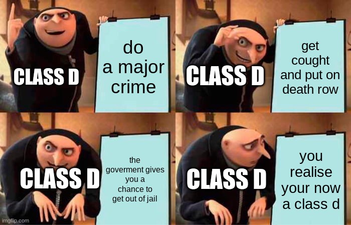 Gru's Plan | do a major crime; get cought and put on death row; CLASS D; CLASS D; the goverment gives you a chance to get out of jail; you realise your now a class d; CLASS D; CLASS D | image tagged in memes,gru's plan | made w/ Imgflip meme maker