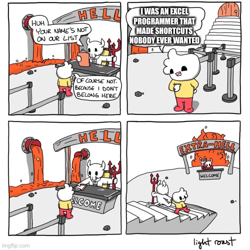 Just sitting at work wanting to kick mister useless shortcut right in the shortcuts (some of these are just for me) | I WAS AN EXCEL PROGRAMMER THAT MADE SHORTCUTS NOBODY EVER WANTED | image tagged in extra-hell | made w/ Imgflip meme maker