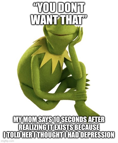 Haha you’re not wrong | “YOU DON’T WANT THAT”; MY MOM SAYS 10 SECONDS AFTER REALIZING IT EXISTS BECAUSE I TOLD HER I THOUGHT I HAD DEPRESSION | image tagged in oh really kermit | made w/ Imgflip meme maker