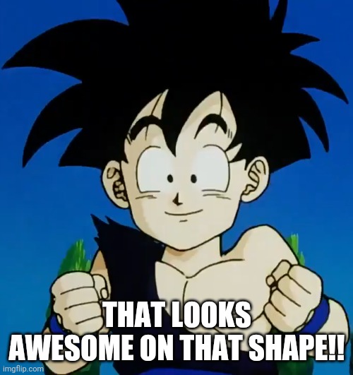 Amused Gohan (DBZ) | THAT LOOKS AWESOME ON THAT SHAPE!! | image tagged in amused gohan dbz | made w/ Imgflip meme maker