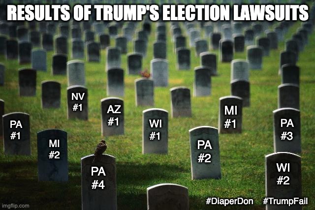 Haven't seen this many dead cases since . . . never |  RESULTS OF TRUMP'S ELECTION LAWSUITS; NV #1; AZ #1; MI #1; PA #3; WI #1; PA #1; PA #2; MI #2; WI #2; PA #4; #DiaperDon    #TrumpFail | image tagged in trump,failure,loser,court,election,diaper | made w/ Imgflip meme maker