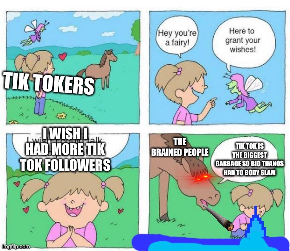 Talk to Ponies | TIK TOKERS; THE BRAINED PEOPLE; I WISH I HAD MORE TIK TOK FOLLOWERS; TIK TOK IS THE BIGGEST GARBAGE SO BIG THANOS HAD TO BODY SLAM | image tagged in talk to ponies | made w/ Imgflip meme maker