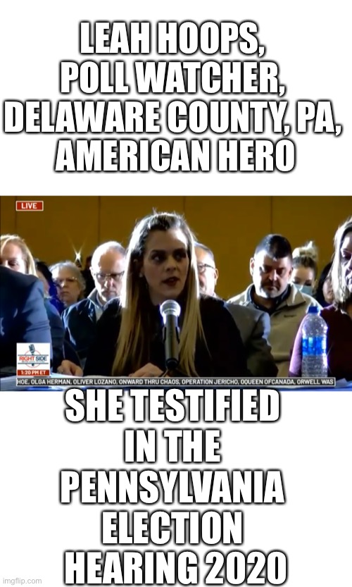 Leah Hoops, American hero. | LEAH HOOPS, 
POLL WATCHER, 
DELAWARE COUNTY, PA, 
AMERICAN HERO; SHE TESTIFIED 
IN THE 
PENNSYLVANIA 
ELECTION 
HEARING 2020 | image tagged in election 2020,election fraud,voter fraud,democrat party,government corruption,trump wins | made w/ Imgflip meme maker