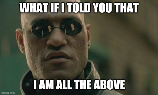 Matrix Morpheus Meme | WHAT IF I TOLD YOU THAT I AM ALL THE ABOVE | image tagged in memes,matrix morpheus | made w/ Imgflip meme maker