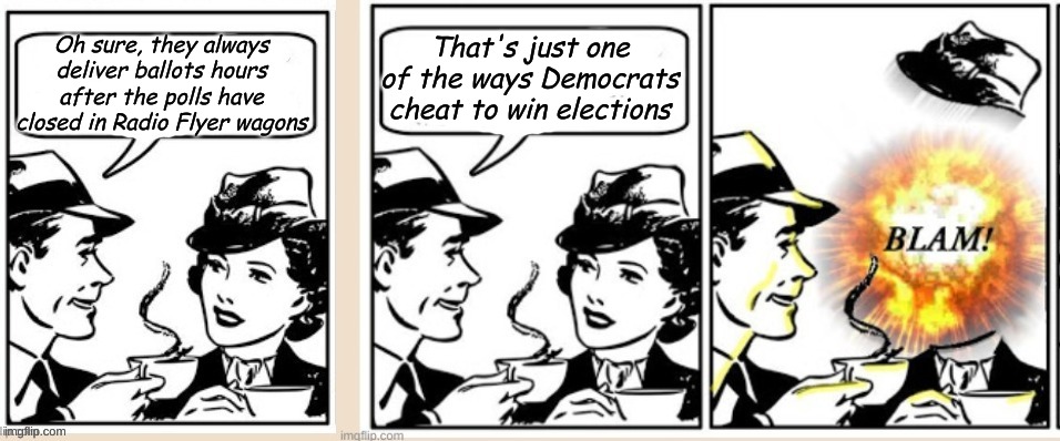 Oops, you're a Democrat. You looked so Independent to me....You're sure they were official Polling Place Radio Flyer wagons? | That's just one of the ways Democrats cheat to win elections; Oh sure, they always deliver ballots hours after the polls have closed in Radio Flyer wagons | image tagged in another blam | made w/ Imgflip meme maker