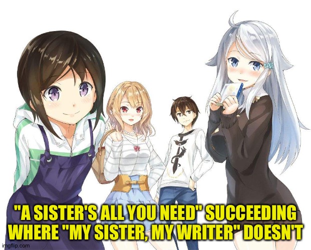 Much better treatment of a touchy subject | "A SISTER'S ALL YOU NEED" SUCCEEDING WHERE "MY SISTER, MY WRITER" DOESN'T | image tagged in a sisters all you need | made w/ Imgflip meme maker