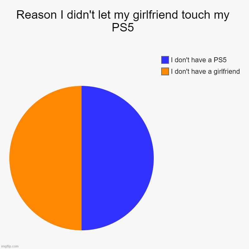Reason I didn't let my girlfriend touch my PS5 | I don't have a girlfriend, I don't have a PS5 | image tagged in charts,pie charts | made w/ Imgflip chart maker