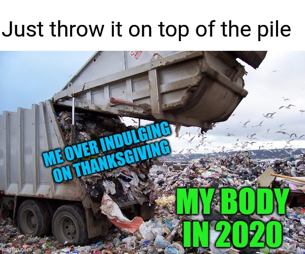 garbage dump | Just throw it on top of the pile; ME OVER INDULGING ON THANKSGIVING; MY BODY IN 2020 | image tagged in garbage dump,thanksgiving,2020,out of shape,thanksgiving day | made w/ Imgflip meme maker