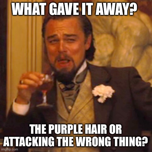 Laughing Leo Meme | WHAT GAVE IT AWAY? THE PURPLE HAIR OR ATTACKING THE WRONG THING? | image tagged in memes,laughing leo | made w/ Imgflip meme maker