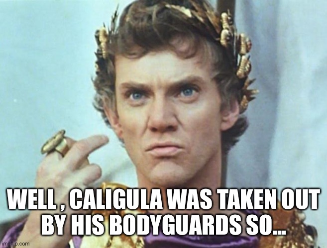 Caligula | WELL , CALIGULA WAS TAKEN OUT
BY HIS BODYGUARDS SO... | image tagged in caligula | made w/ Imgflip meme maker