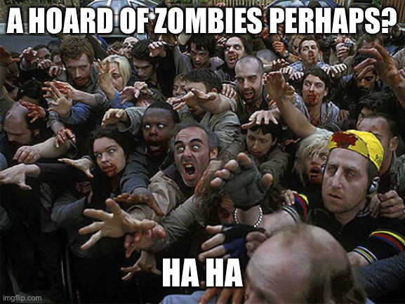 Zombies Approaching | A HOARD OF ZOMBIES PERHAPS? HA HA | image tagged in zombies approaching | made w/ Imgflip meme maker