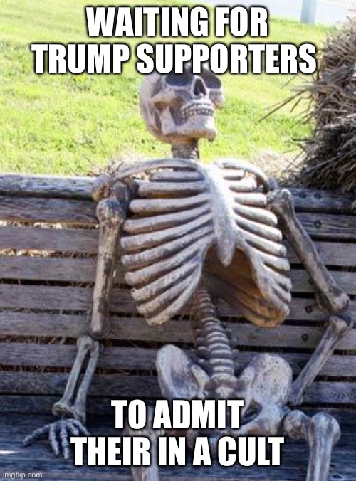 Waiting Skeleton Meme | WAITING FOR TRUMP SUPPORTERS TO ADMIT THEIR IN A CULT | image tagged in memes,waiting skeleton | made w/ Imgflip meme maker