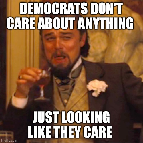 Laughing Leo Meme | DEMOCRATS DON’T CARE ABOUT ANYTHING JUST LOOKING LIKE THEY CARE | image tagged in memes,laughing leo | made w/ Imgflip meme maker
