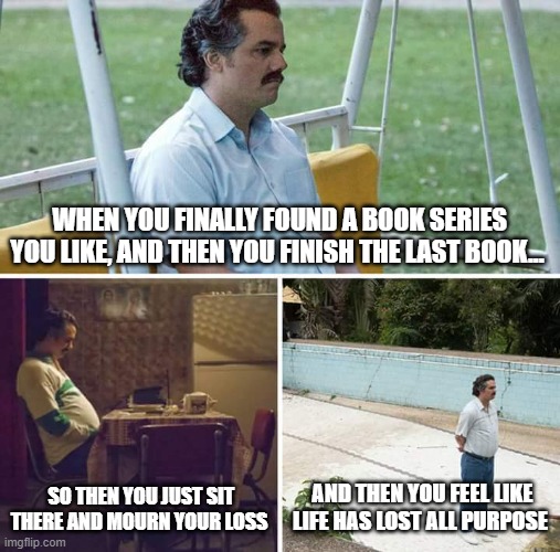 Sad Pablo Escobar | WHEN YOU FINALLY FOUND A BOOK SERIES YOU LIKE, AND THEN YOU FINISH THE LAST BOOK... SO THEN YOU JUST SIT THERE AND MOURN YOUR LOSS; AND THEN YOU FEEL LIKE LIFE HAS LOST ALL PURPOSE | image tagged in memes,sad pablo escobar | made w/ Imgflip meme maker